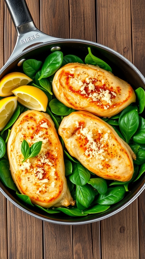 Savory spinach and chicken skillet with golden chicken and fresh spinach topped with Parmesan cheese on a wooden table.
